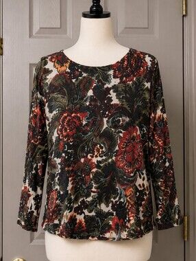 J. Jill Petite Small Red Black Floral Rayon Blouse